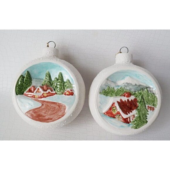 4 Vintage 1978 Porcelain Duncan Enterprises Cabin/Home Scene Christmas Ornaments - Picture 3 of 6